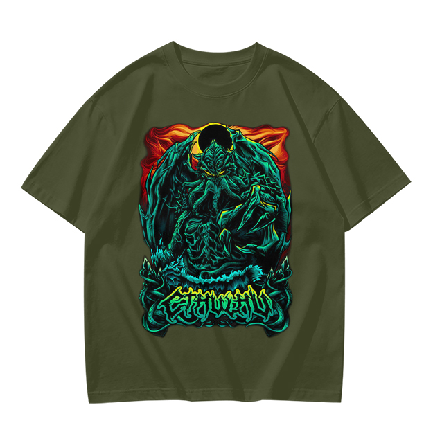 Olive Green T-Shirt With Dark Fantasy Monster Graphic Print