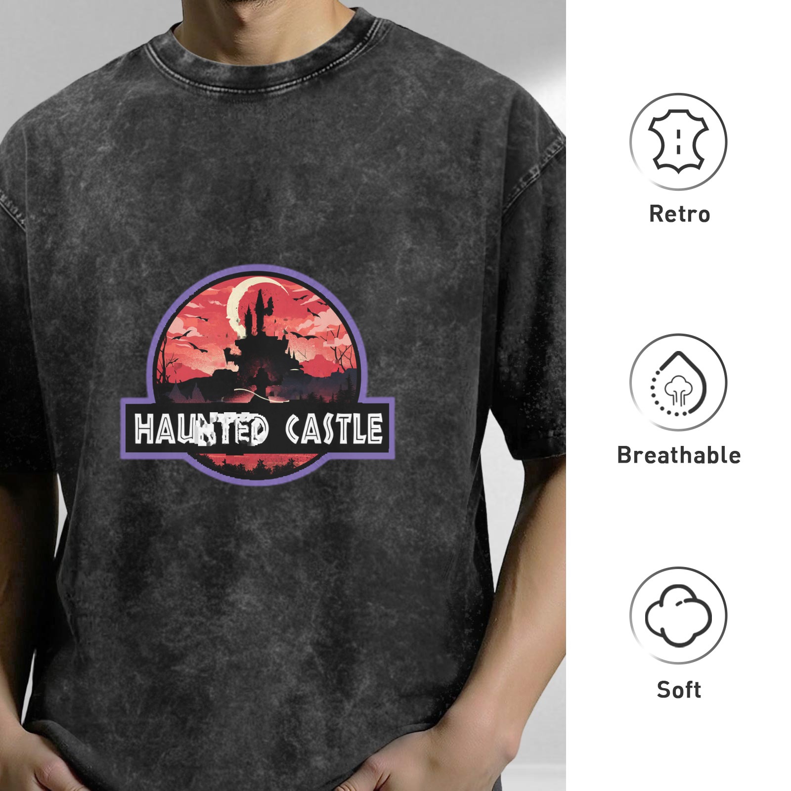 Washed Black T-Shirt with Haunted Castle Halloween Graphic