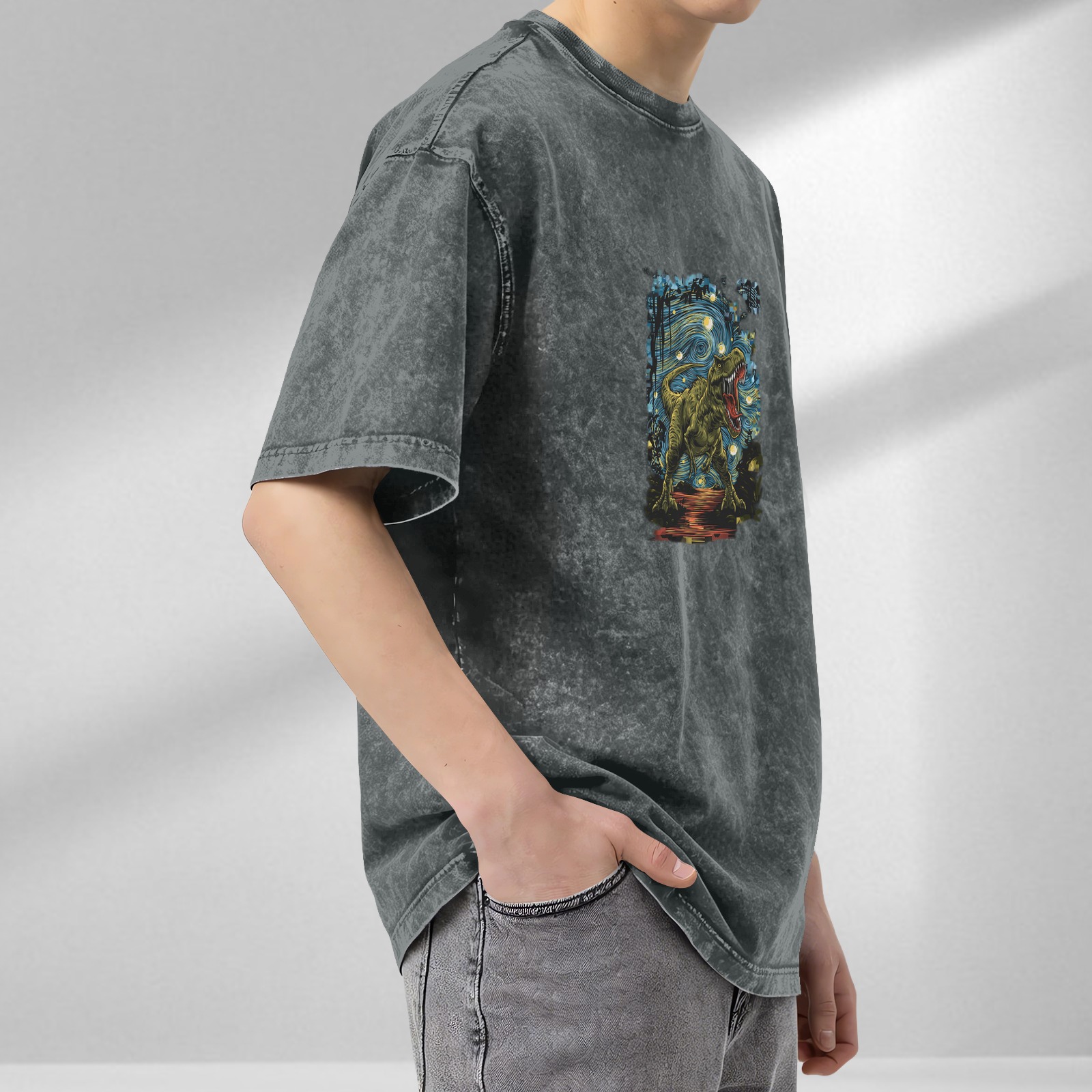 Washed Black T-Shirt with T-Rex Starry Night Graphic Print