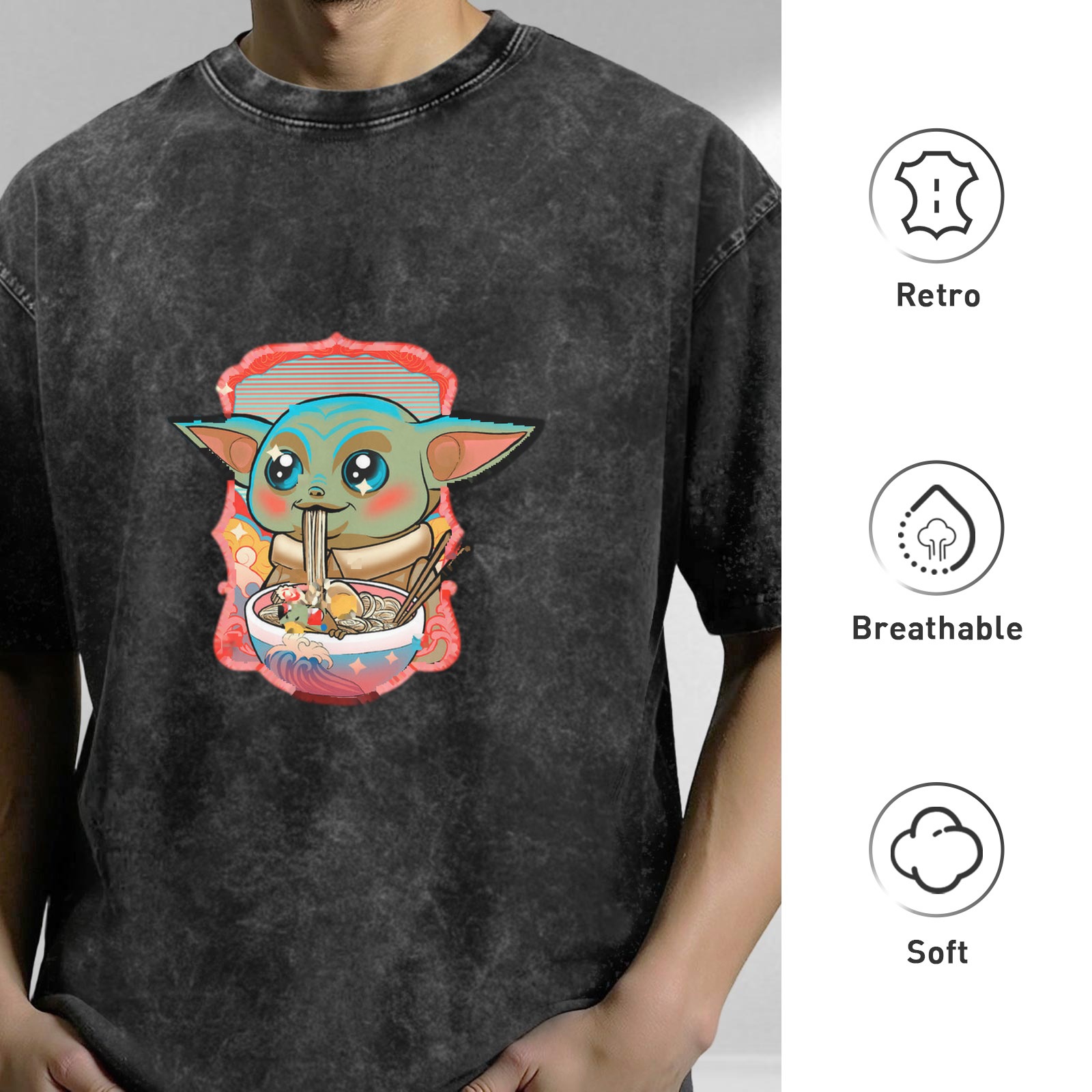 Washed black graphic t-shirt with Baby Yoda eating ramen design