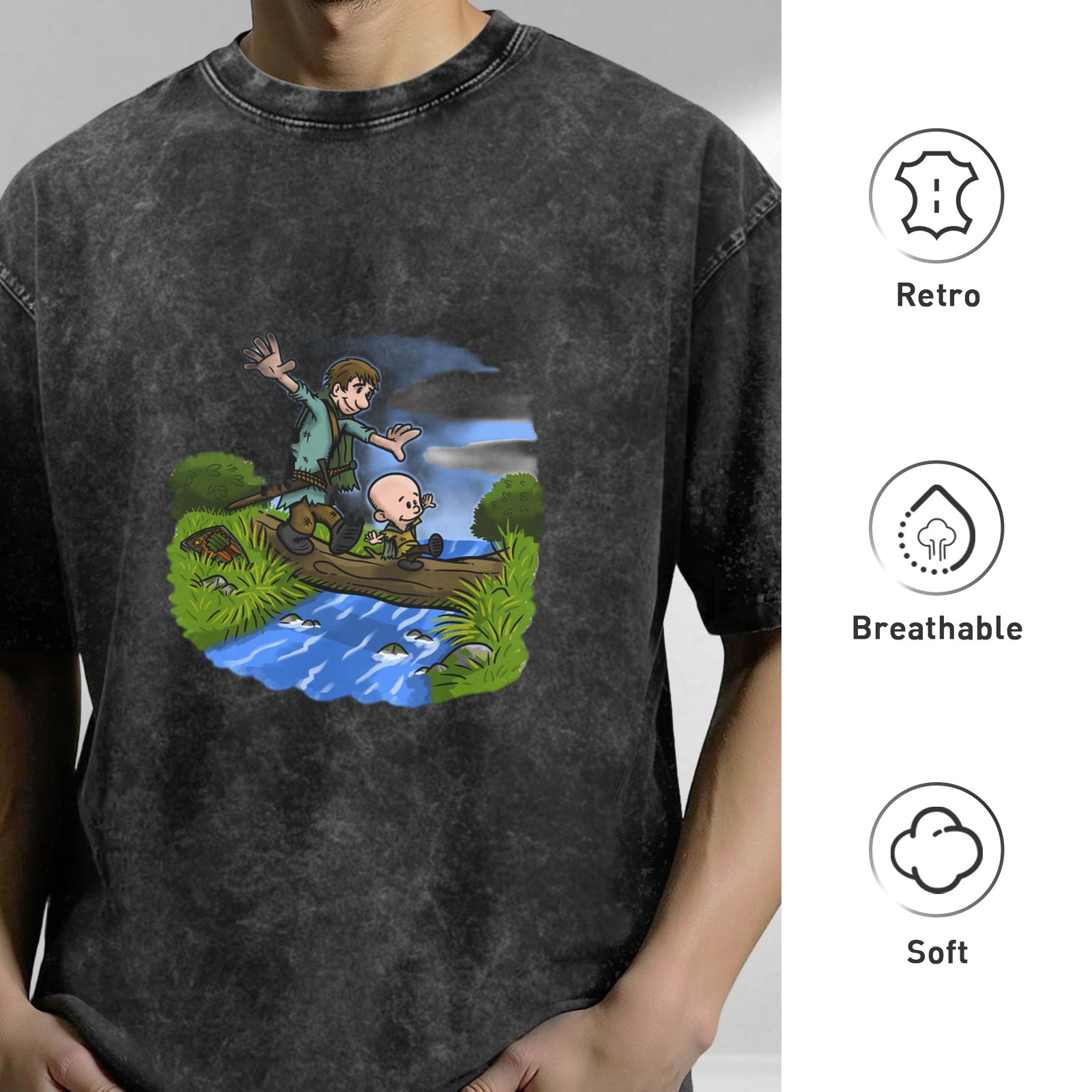 Washed Black T-Shirt With Cartoon Boys Crossing Stream Art