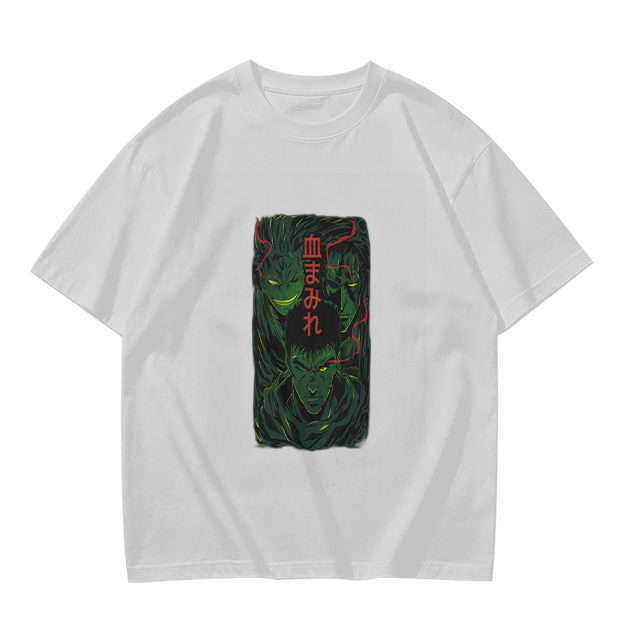 Olive anime graphic t-shirt with three dark fantasy characters