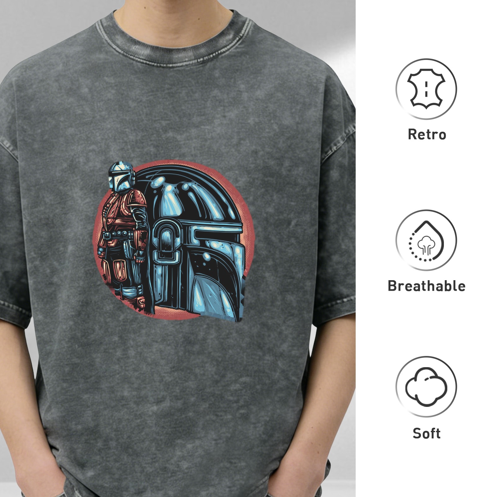 Washed Black T-Shirt With Mandalorian Helmet And Warrior Print