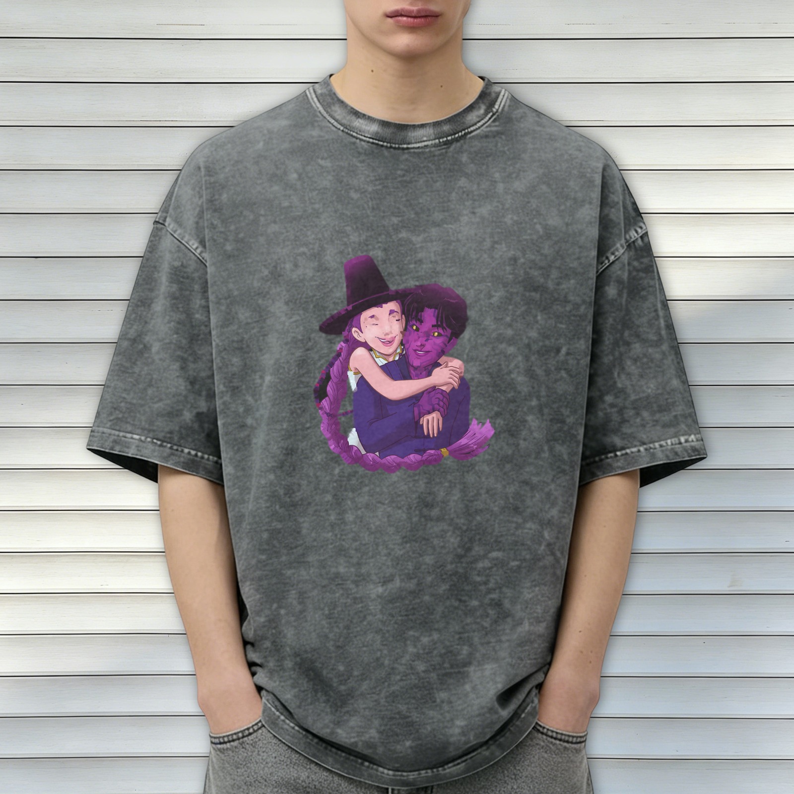 Oversized dark washed graphic tee with anime couple embrace print