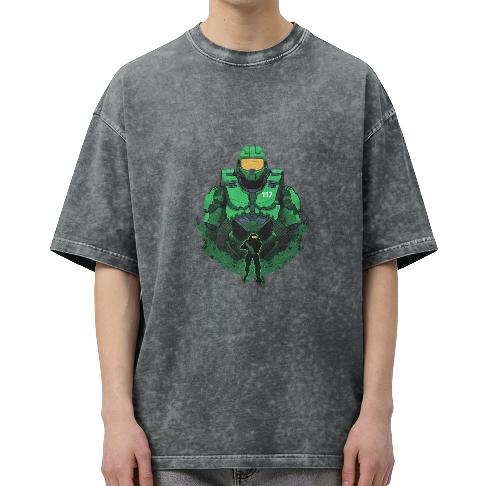 Oversized Dark Wash T-Shirt With Master Chief 117 Graphic