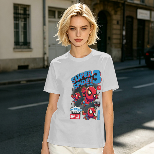 Olive T-shirt with Super Spidey 3 Chibi Spider-Man Graphic