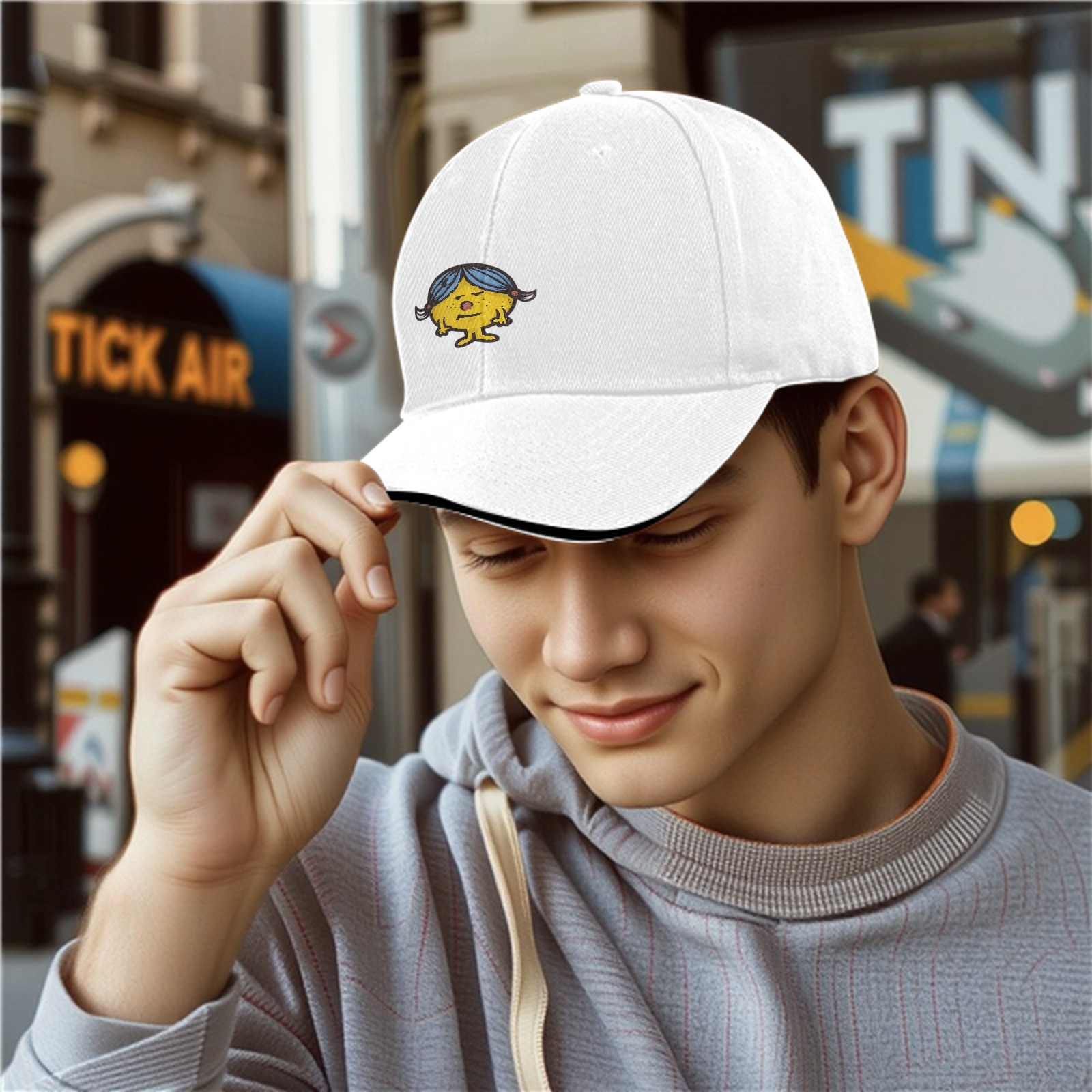 Black baseball cap with yellow cartoon girl character print