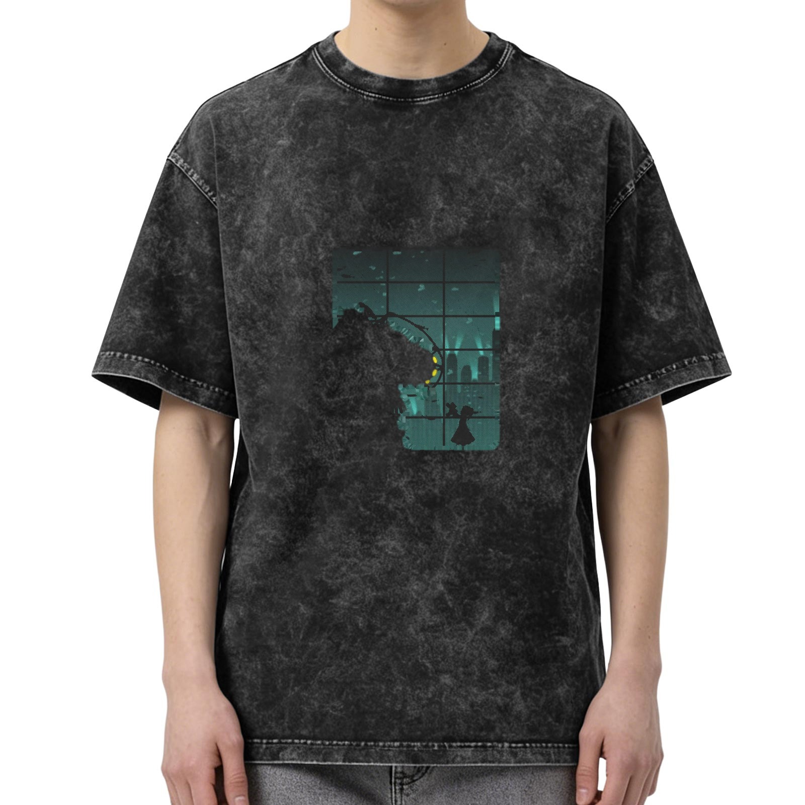 Washed Black Graphic T-Shirt With Window Monster Silhouette Print