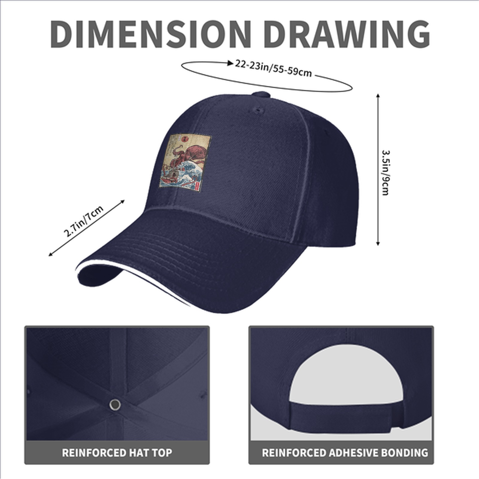 Black Baseball Cap with Japanese Octopus Wave Art Print