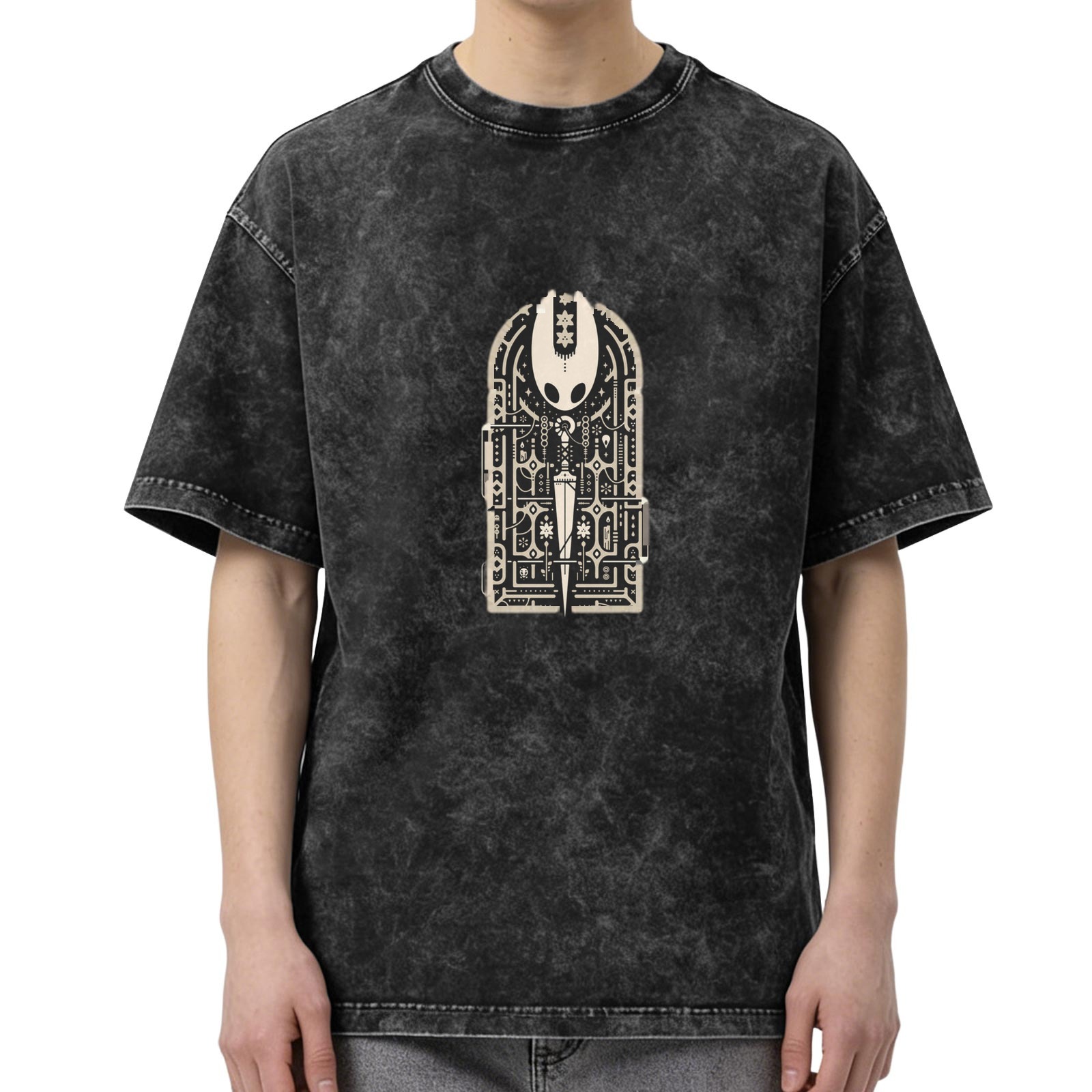 Washed black graphic t-shirt with alien mechanical design