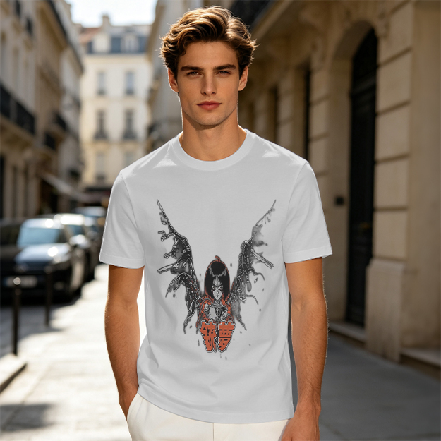 Olive T-shirt with Cybernetic Angel Graphic Print