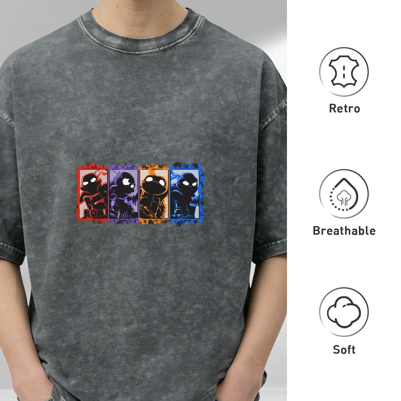Washed Black T-Shirt with Ninja Turtle Character Panels