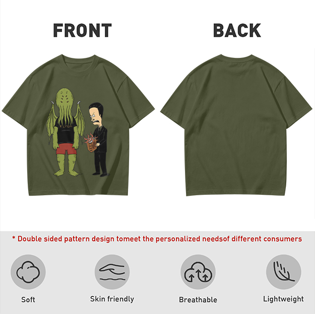 Olive T-Shirt Featuring Cthulhu and Beavis in Suits Graphic