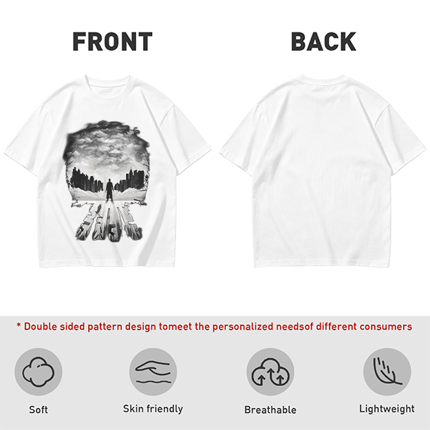 Olive Green T-Shirt With Skull Silhouette Cityscape Artwork