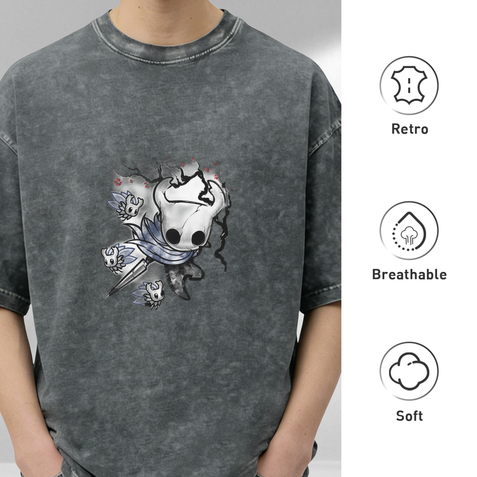 Hollow Knight Themed Dark Wash Graphic T-Shirt