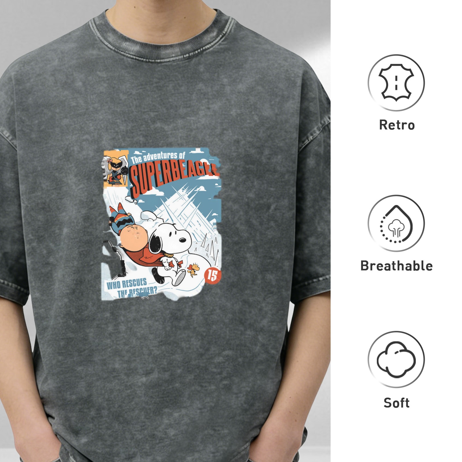 Snoopy Superbeagle Comic Print Oversized Acid Wash T-Shirt