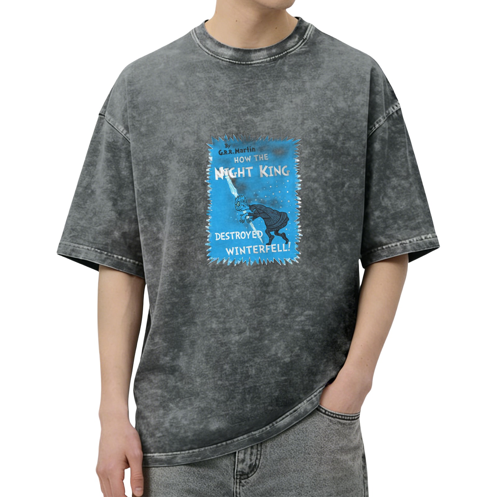 Oversized dark wash t-shirt with Night King Winterfell graphic print