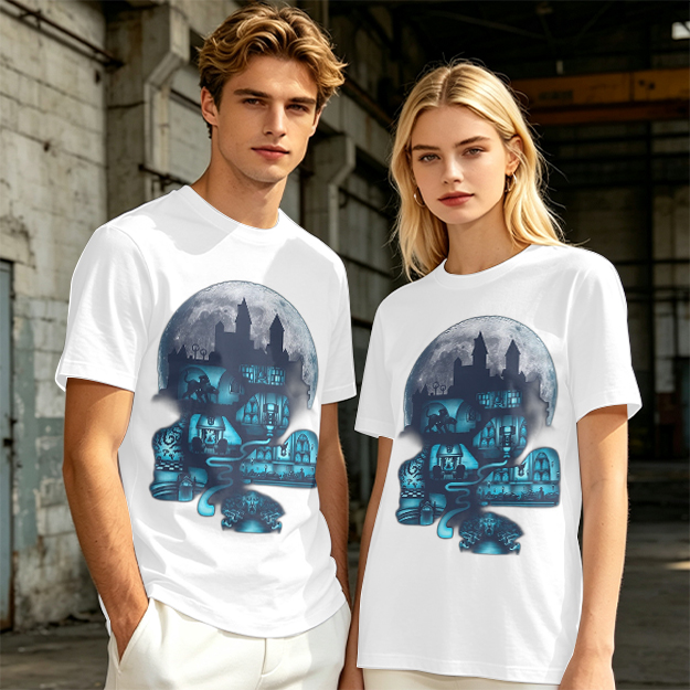 Olive T-Shirt With Glowing Castle Moon Night Graphic Print