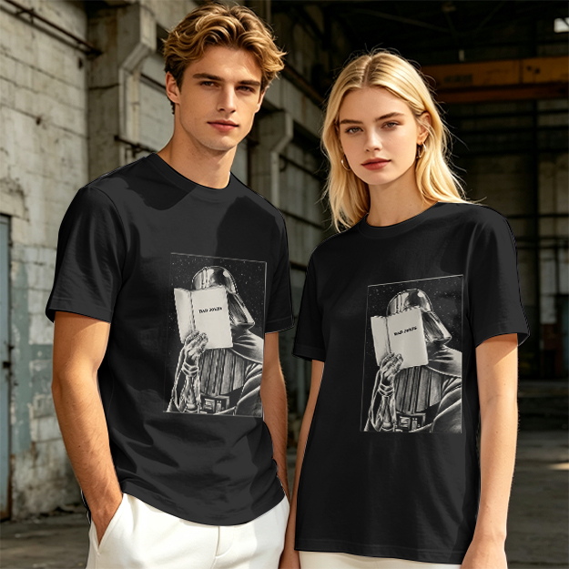Olive T-shirt with Darth Vader reading a book graphic