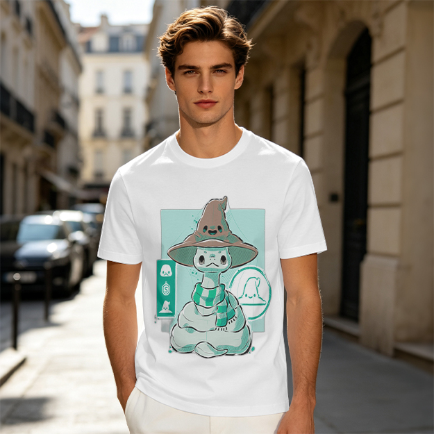 Olive T-Shirt With Cute Wizard Snake Graphic Design