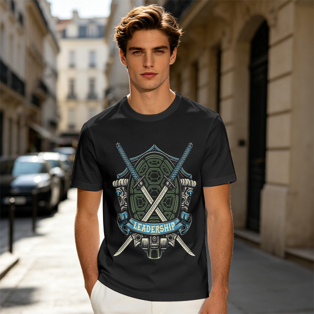 Olive T-Shirt with Ninja Turtle Leadership Katana Crest Print