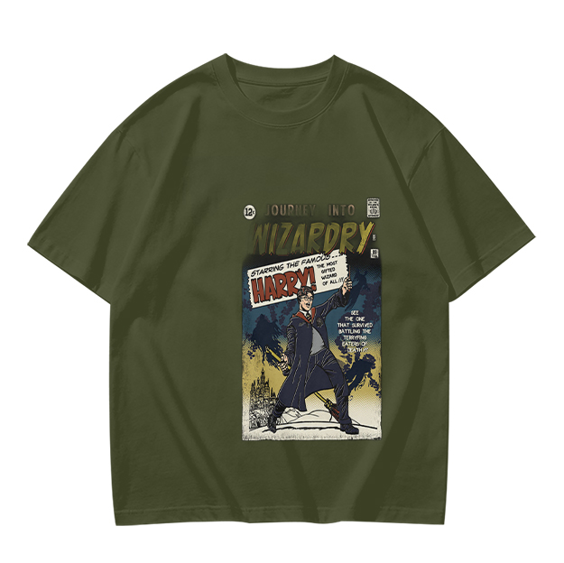 Olive T-Shirt With Wizardry Comic Style Harry Print