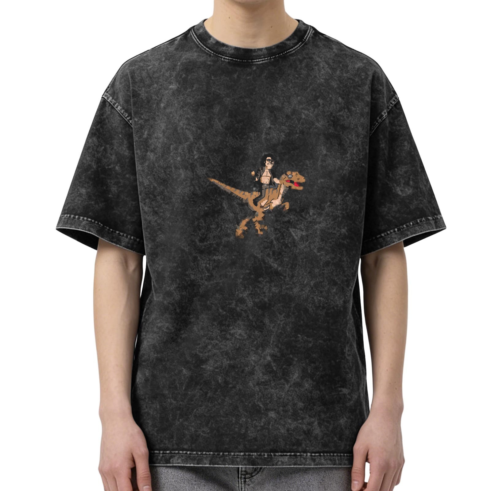 oversized acid wash t-shirt with cartoon man riding dinosaur graphic