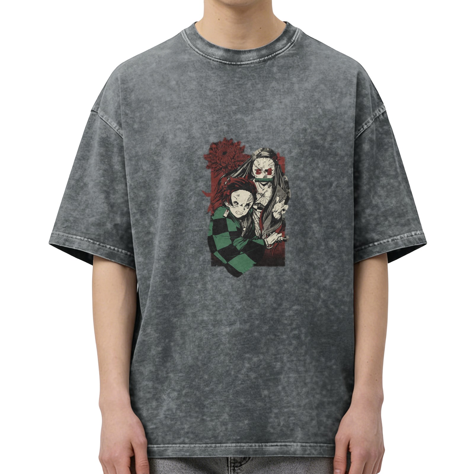 Demon Slayer themed distressed washed black loose short-sleeved T-shirt