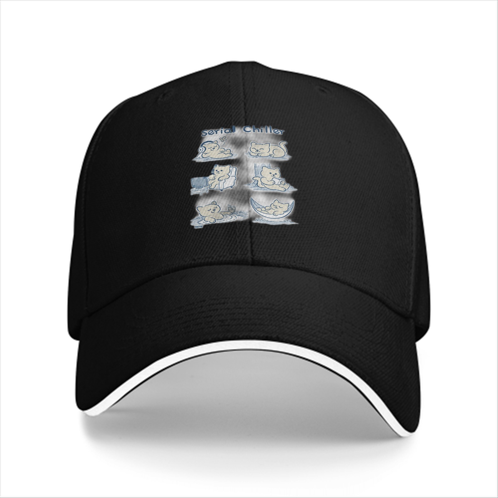 Black baseball cap with serial chillax cat illustrations