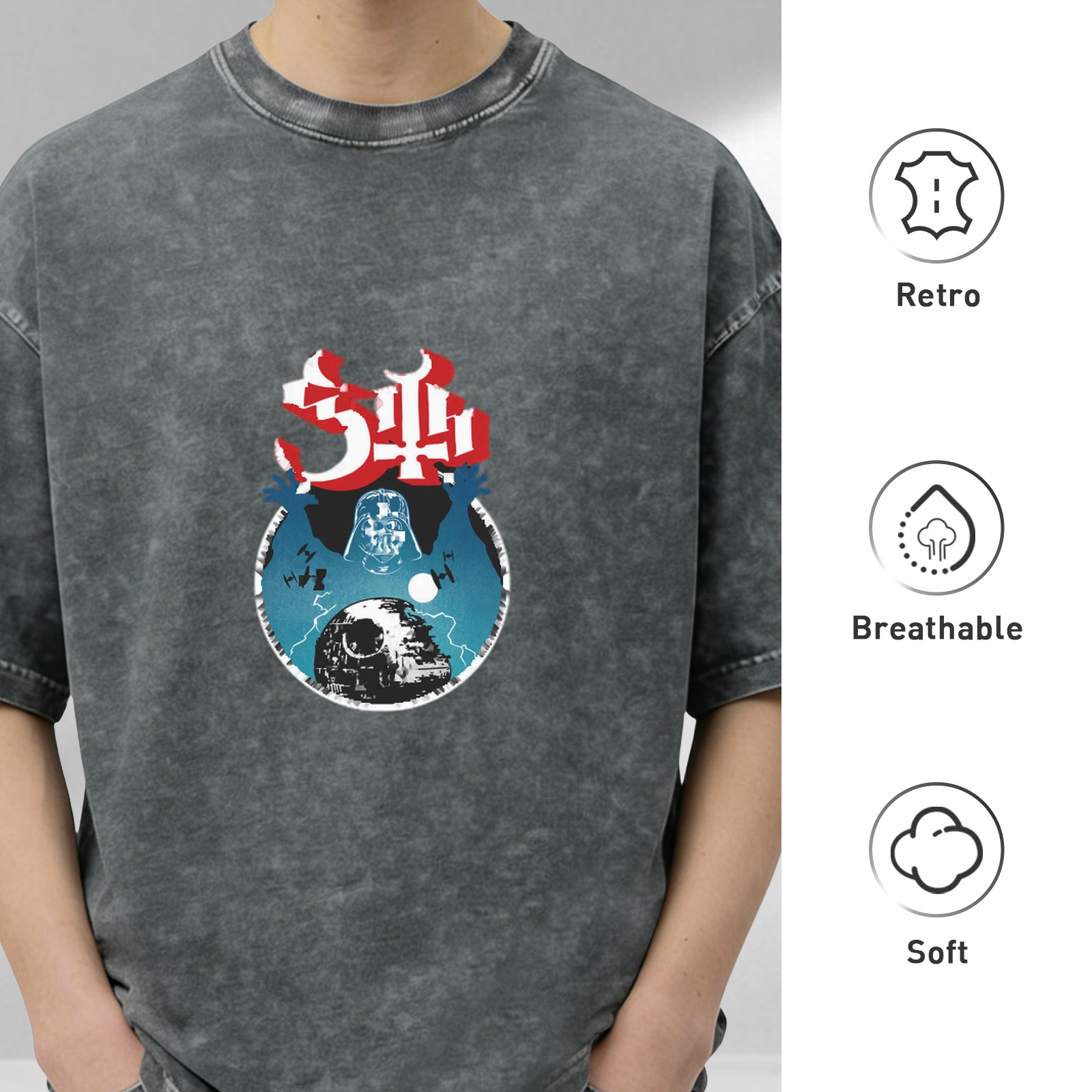Oversized Acid Wash Graphic T-Shirt with Star Wars Darth Vader & Death Star Print