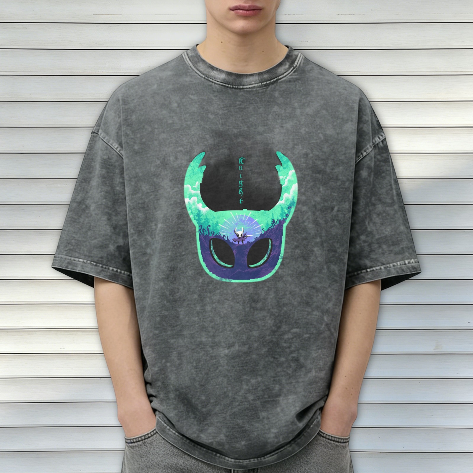 Oversized Dark Wash T-Shirt With Hollow Knight Mask Art Print
