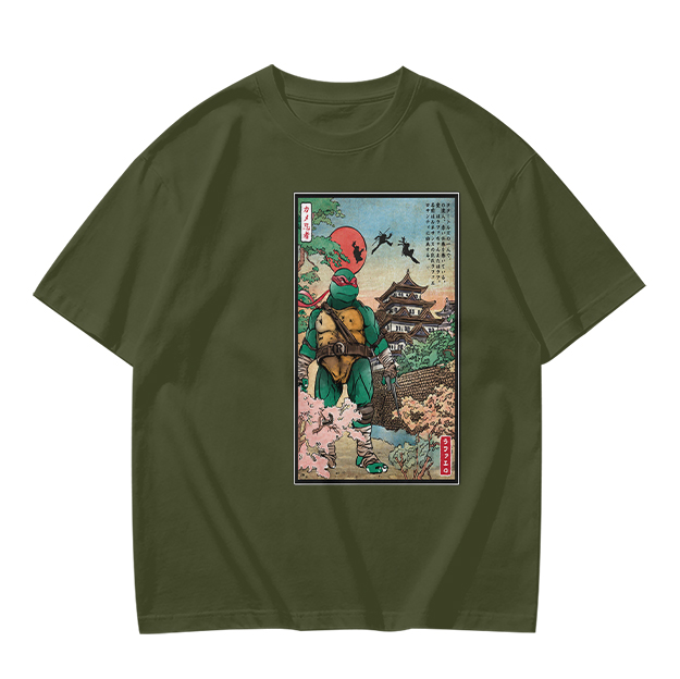 Olive T-Shirt with Ninja Turtle Ukiyo-e Style Art Print