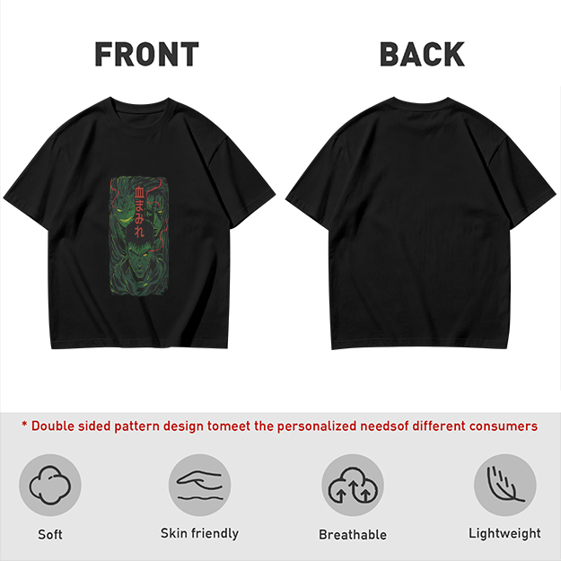 Olive anime graphic t-shirt with three dark fantasy characters