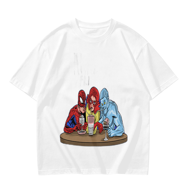 Olive T-Shirt With Superhero Characters Sharing Drinks Print
