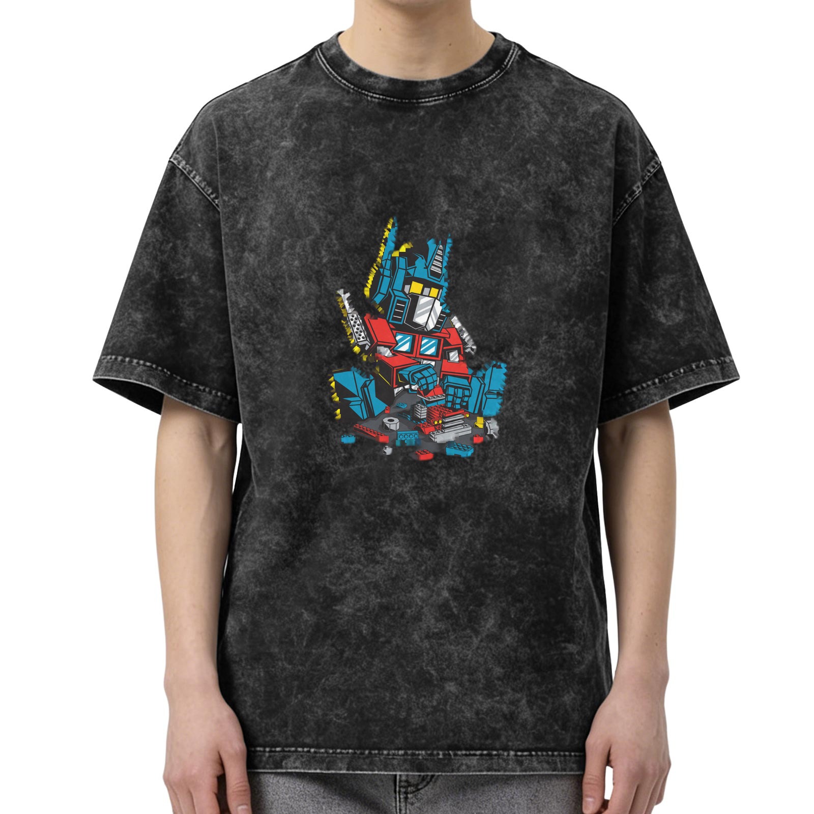 Distressed black loose short-sleeved T-shirt Transformers Optimus Prime broken pattern printed top