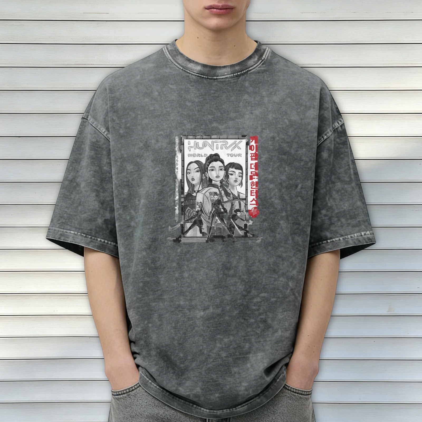 Oversized Black Acid Wash T-Shirt with Anime Girl Graphic Print