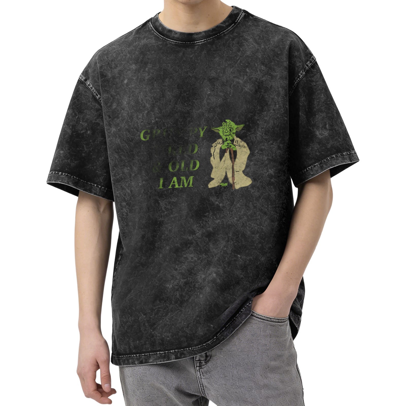 Worn black acid wash t-shirt with Yoda 'Grow Old I Am' print