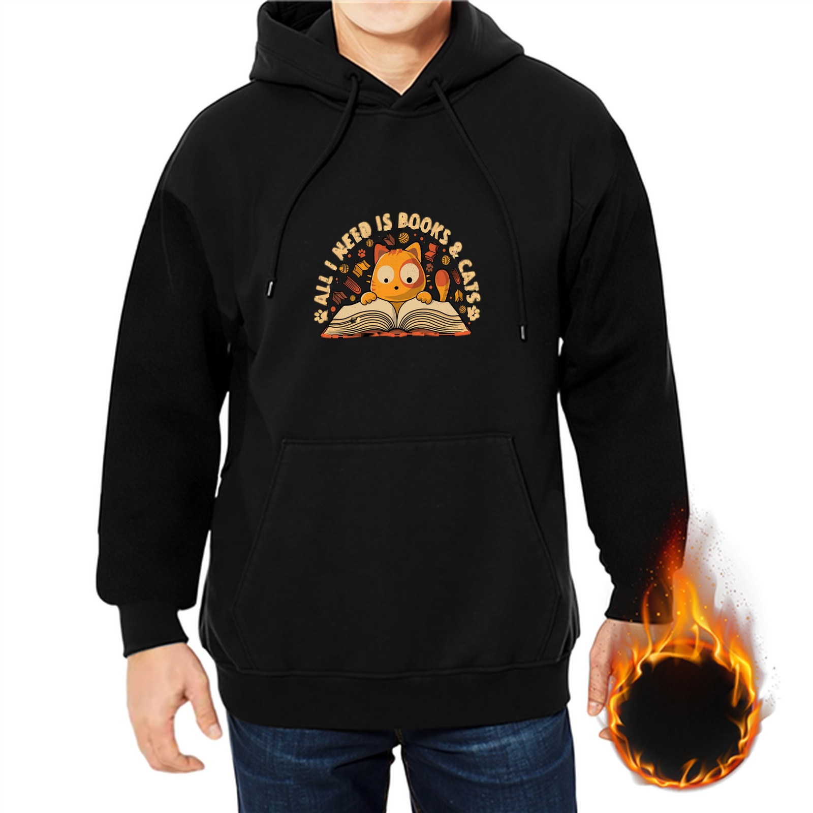 Black hoodie with 'All I Need Is Books & Cats' cat reading design