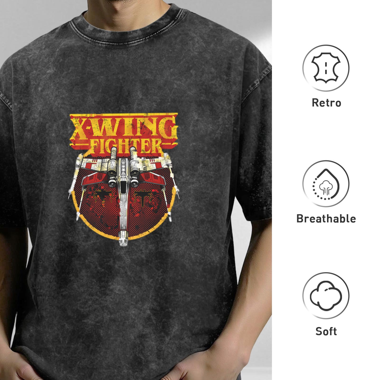 Oversized Dark Wash T-Shirt with X-Wing Fighter Graphic