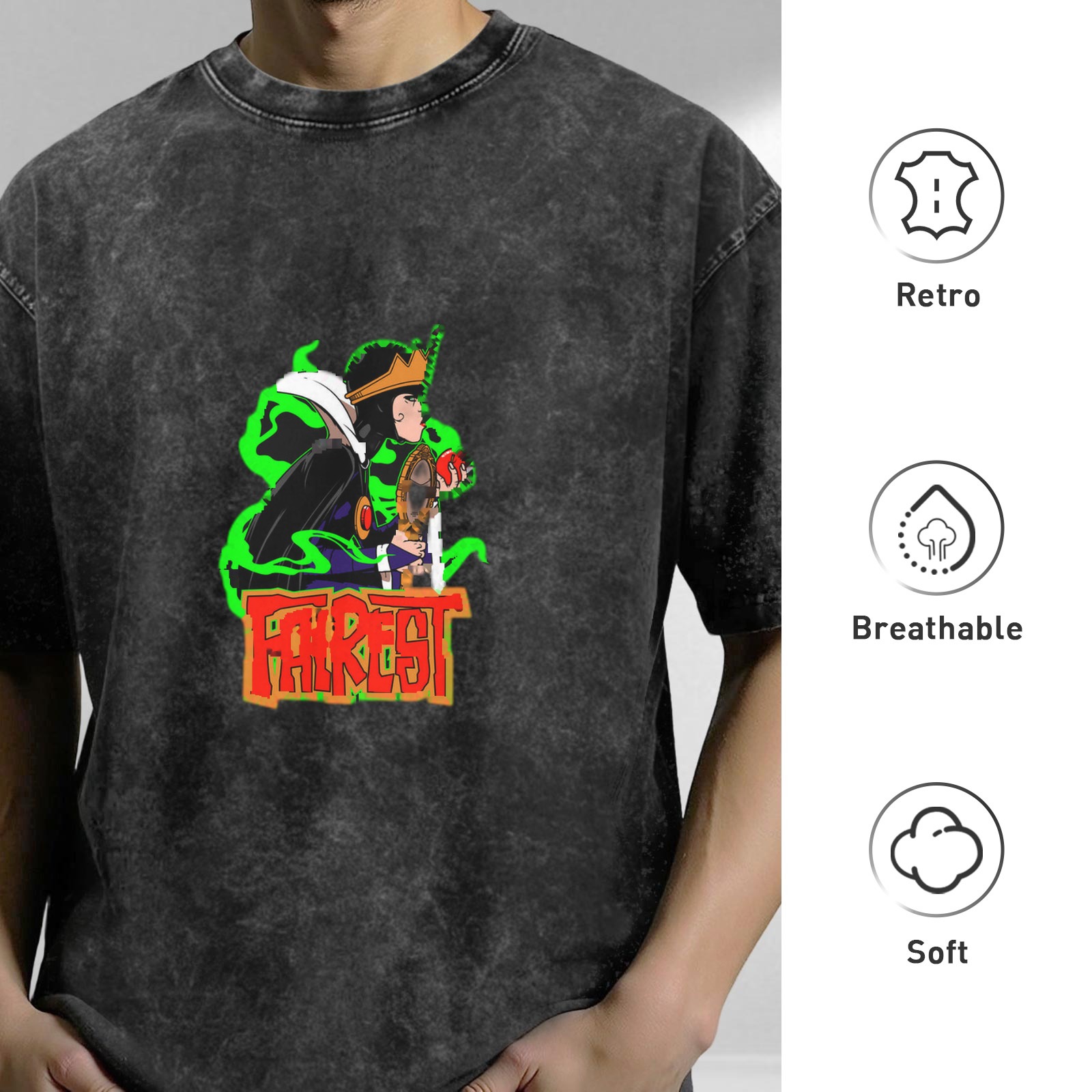 oversized acid wash graphic t-shirt with villain character and fairest text
