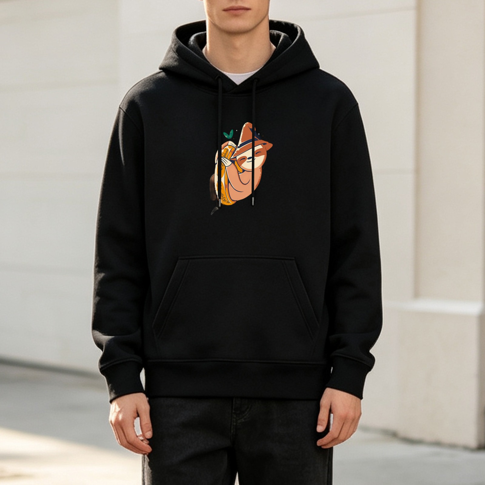 Black Hoodie With Cute Sloth Holding Pumpkin Graphic