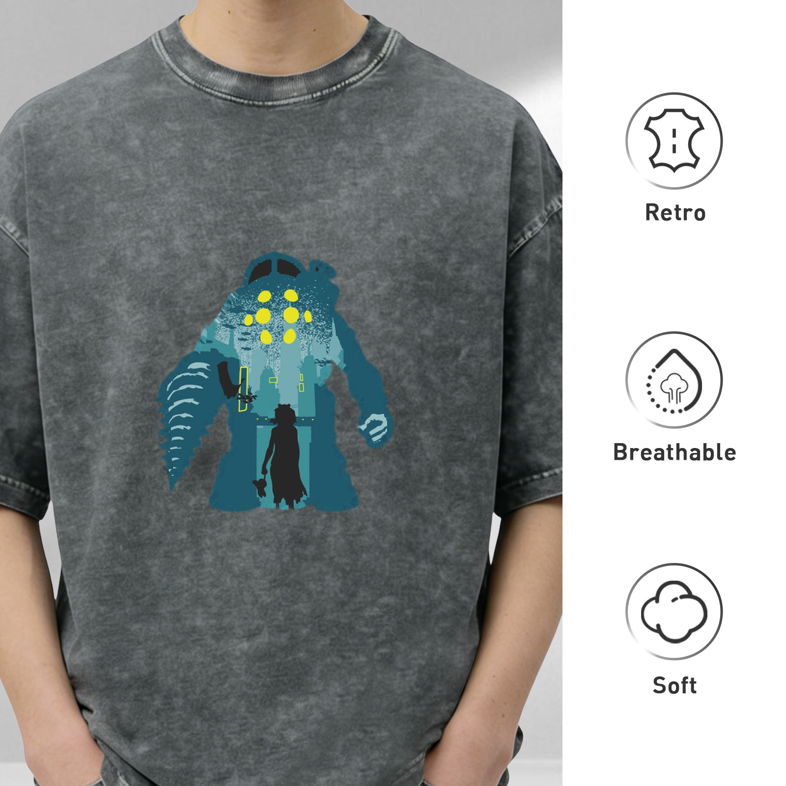 Washed Black Oversized T-Shirt with Underwater Monster and Girl Graphic