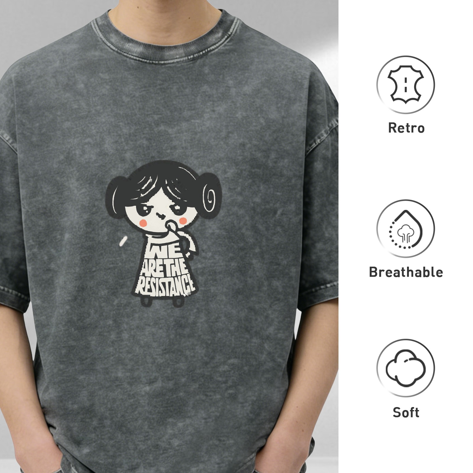 Washed Black T-Shirt With Cute Princess Leia We Are The Resistance Print