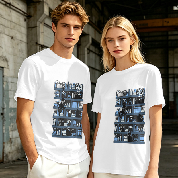 Olive Green T-Shirt With Black Cats On Bookshelves Graphic