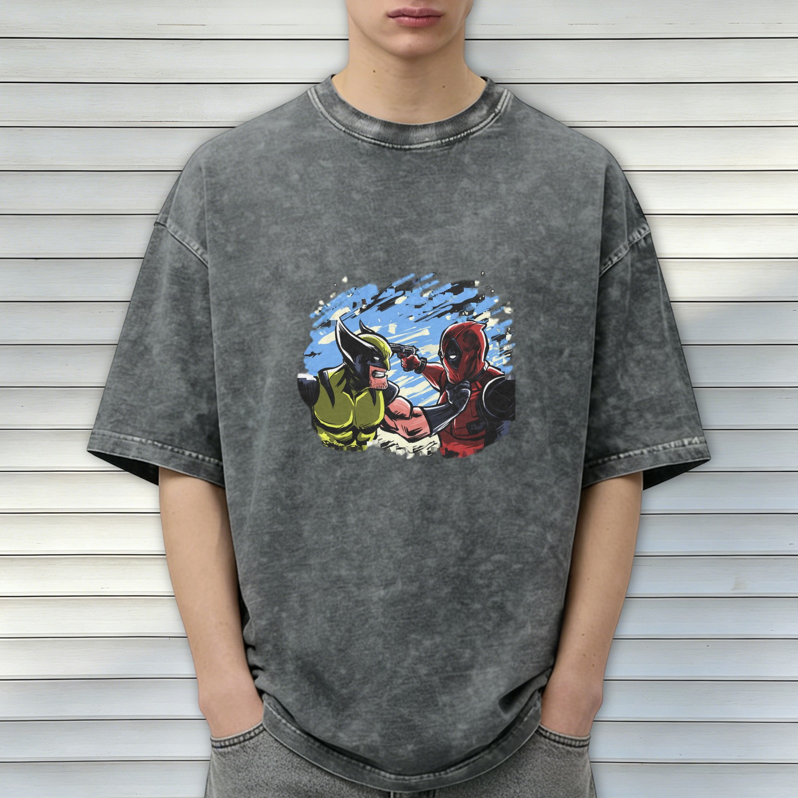 Wolverine and Deadpool Graphic Print Dark Wash T-Shirt