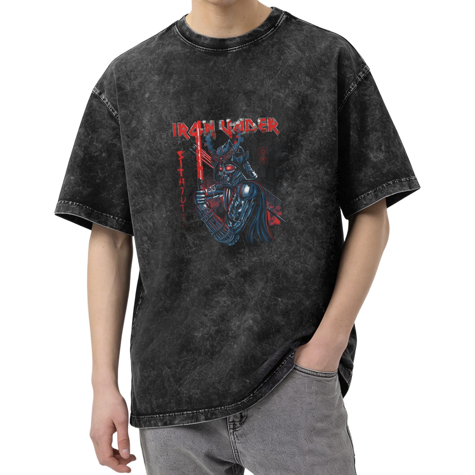 Oversized Acid Wash T-Shirt with Samurai Darth Vader Iron Vader Graphic