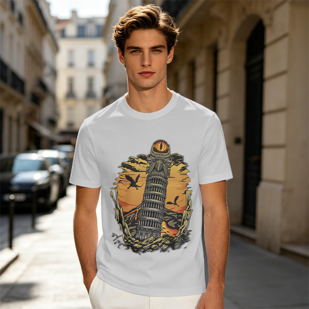 Ominous tower with eye and flying creatures graphic t-shirt