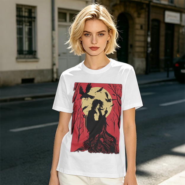 Olive T-Shirt With Gothic Crow And Moon Graphic Print