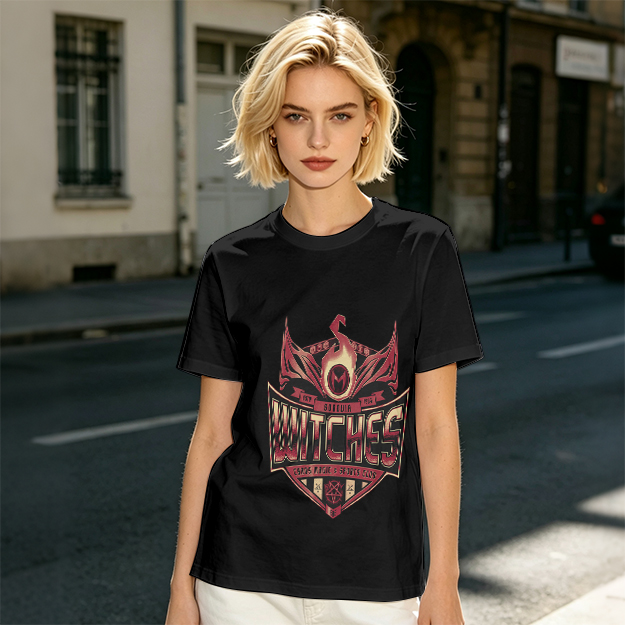 Olive Green T-Shirt With Witches Themed Graphic Print