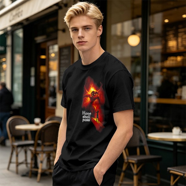 Olive T-Shirt with 'None Shall Pass' Fire Demon Graphic